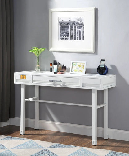 Cargo vanity desk with storage in white by Unique Piece Furniture; makeup and plant on top on Tampa Home & Garden Store