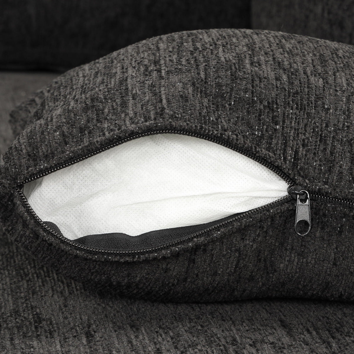 U-shaped sleeper sectional sofa fabric close-up in dark grey upholstery with zipper on Tampa Home & Garden Store