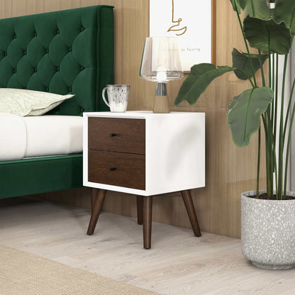 HouseOfZazla 2-drawers night stand, white body with dark brown fronts, mid-century modern on Tampa Home & Garden Store