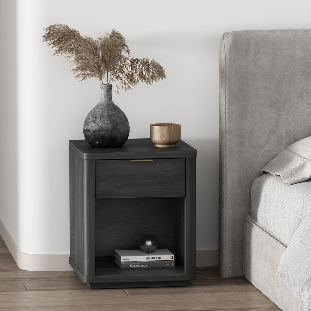 Evelyn nightstand with 1 drawer and open shelf in dark gray; dark vase with pampas grass on Tampa Home & Garden Store