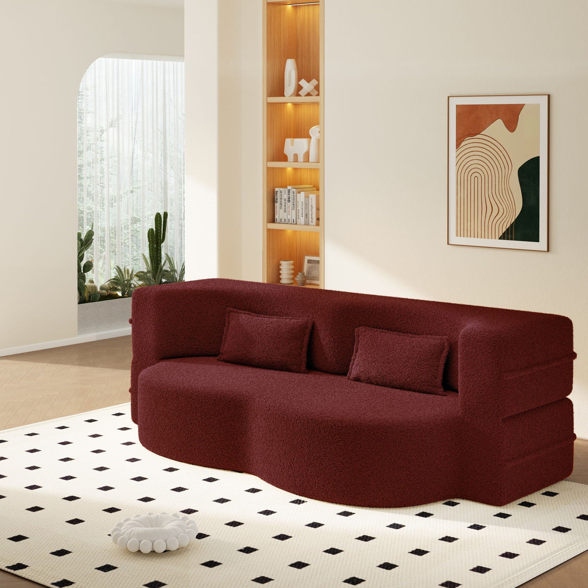 Modern Floor Sleeper Sofa Bed And Two Pillows