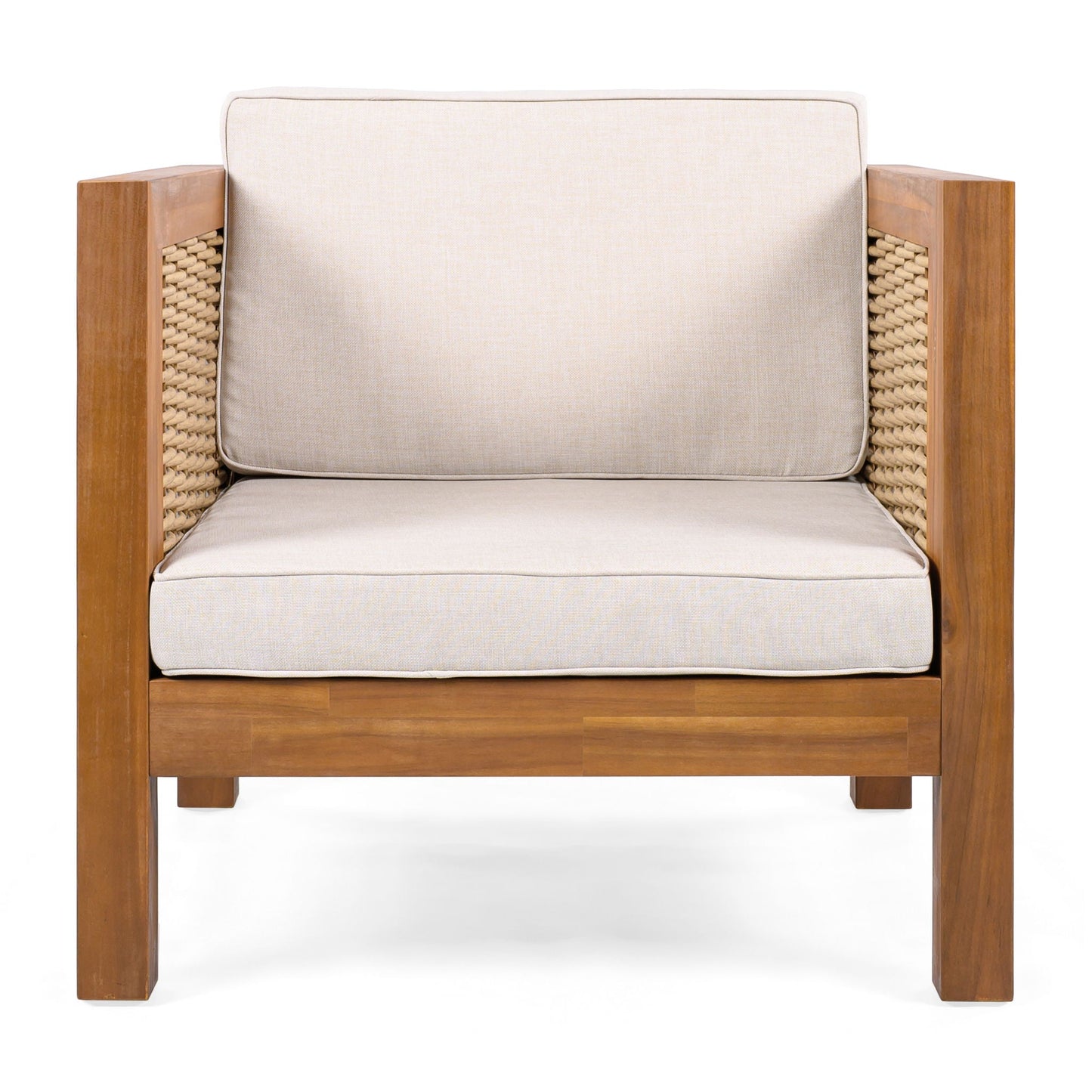 Outdoor Club Chair with rope-arm detail, beige cushions, teak frame on Tampa Home & Garden Store