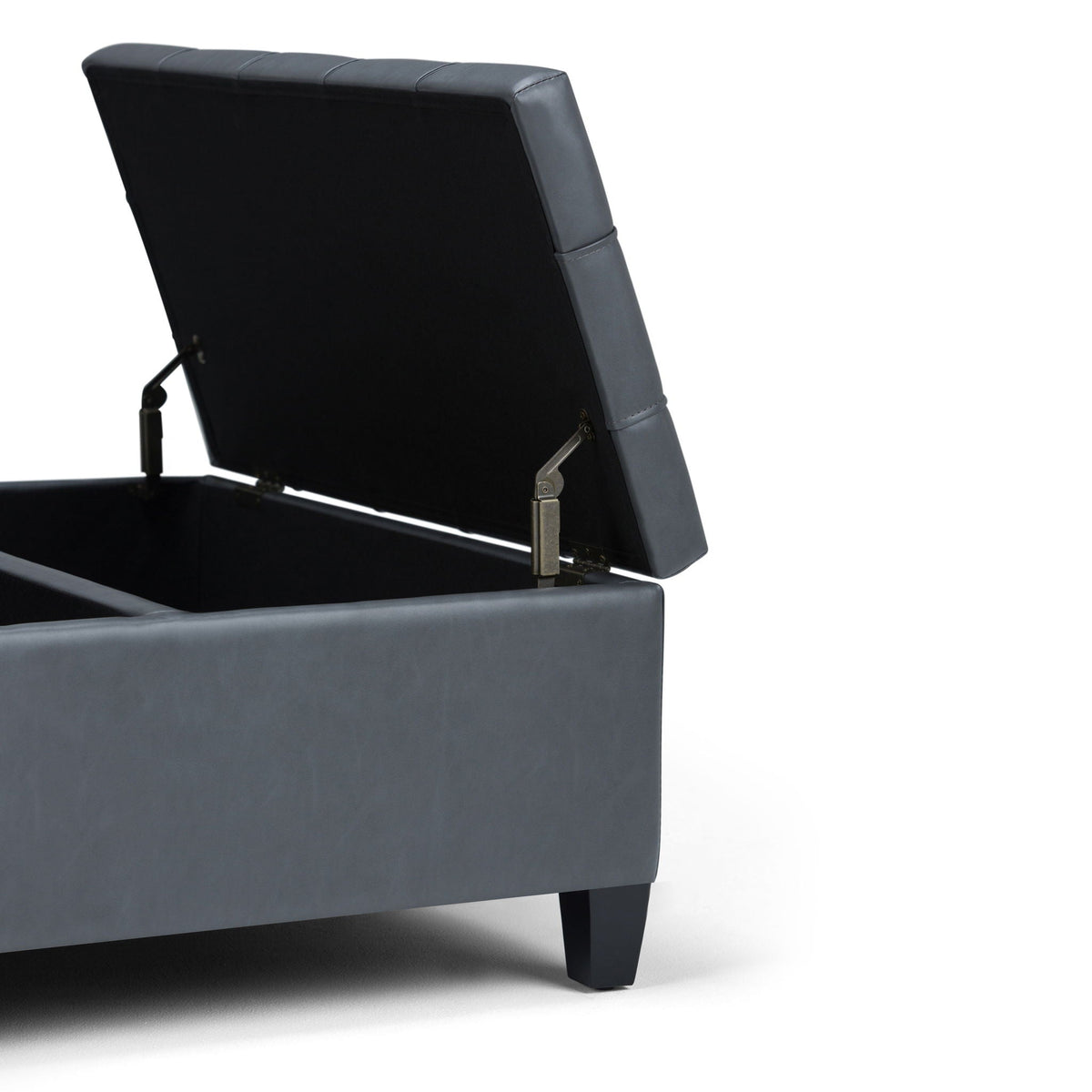 Harrison Tufted Lift Top Storage Ottoman by HouseOfZazla in gray faux leather with metal lift hinges on Tampa Home & Garden Store
