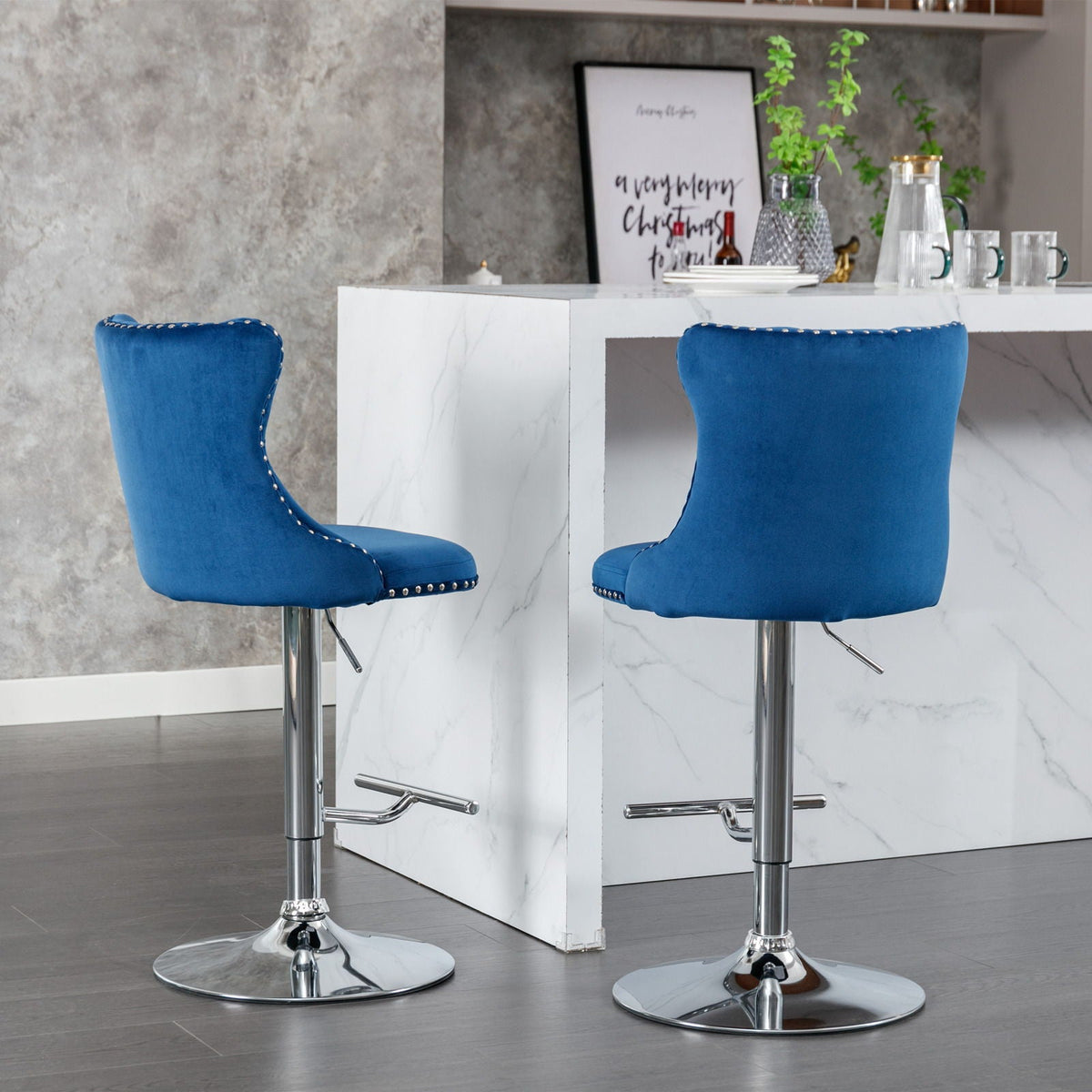 Swivel adjustable barstools, blue velvet upholstery with chrome pedestal base, set of 2 on Tampa Home & Garden Store