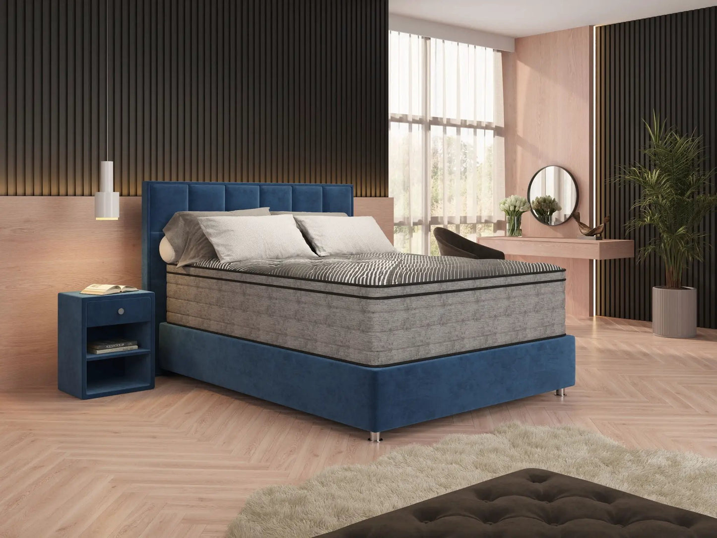 Pure Ice 15in Eurotop Ultra Plush Mattress on blue bed with gray stripes Unique Piece Furniture on Tampa Home & Garden Store