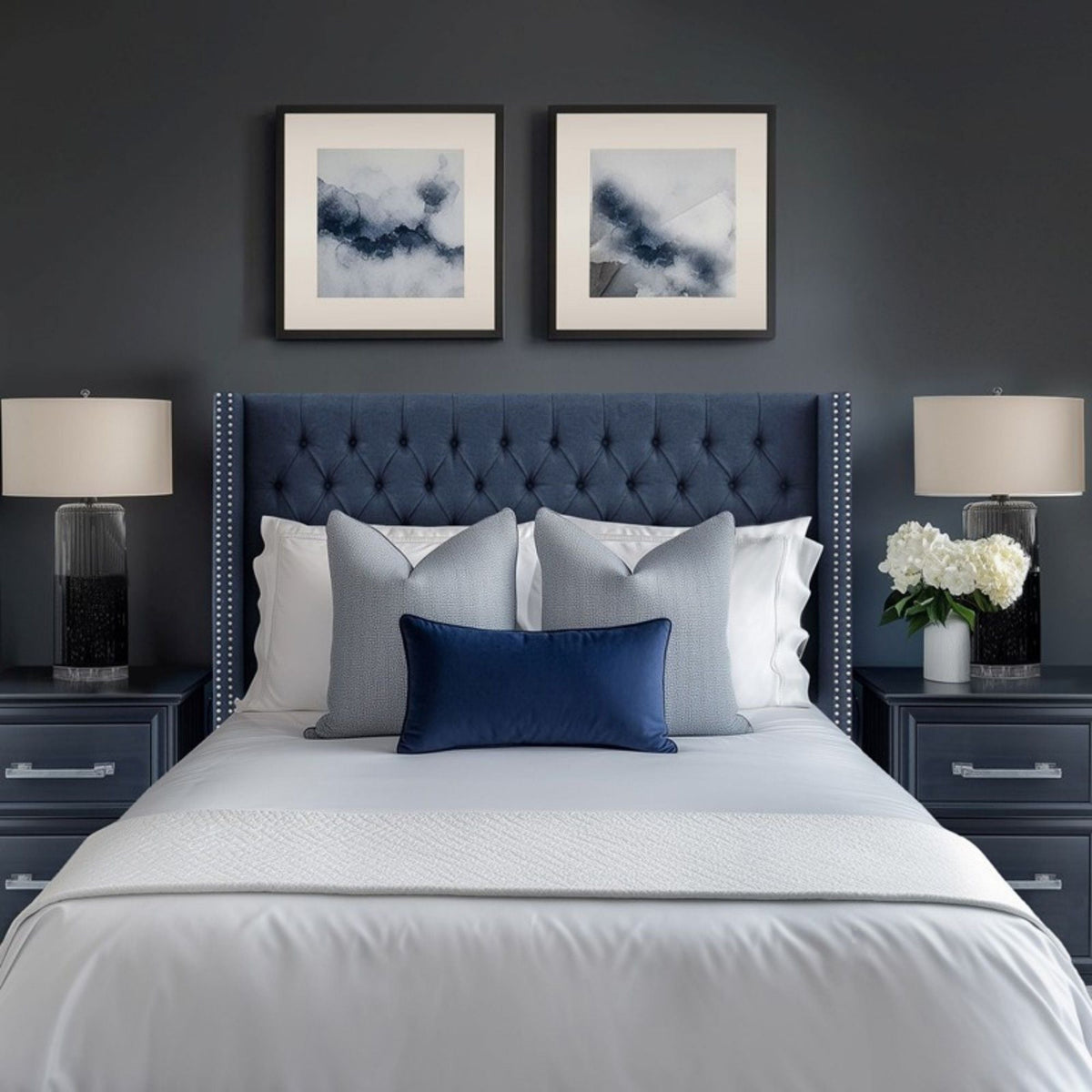 Queen upholstered headboard by HouseOfZazla in blue-gray, tufted with buttons and nailhead trim on Tampa Home & Garden Store