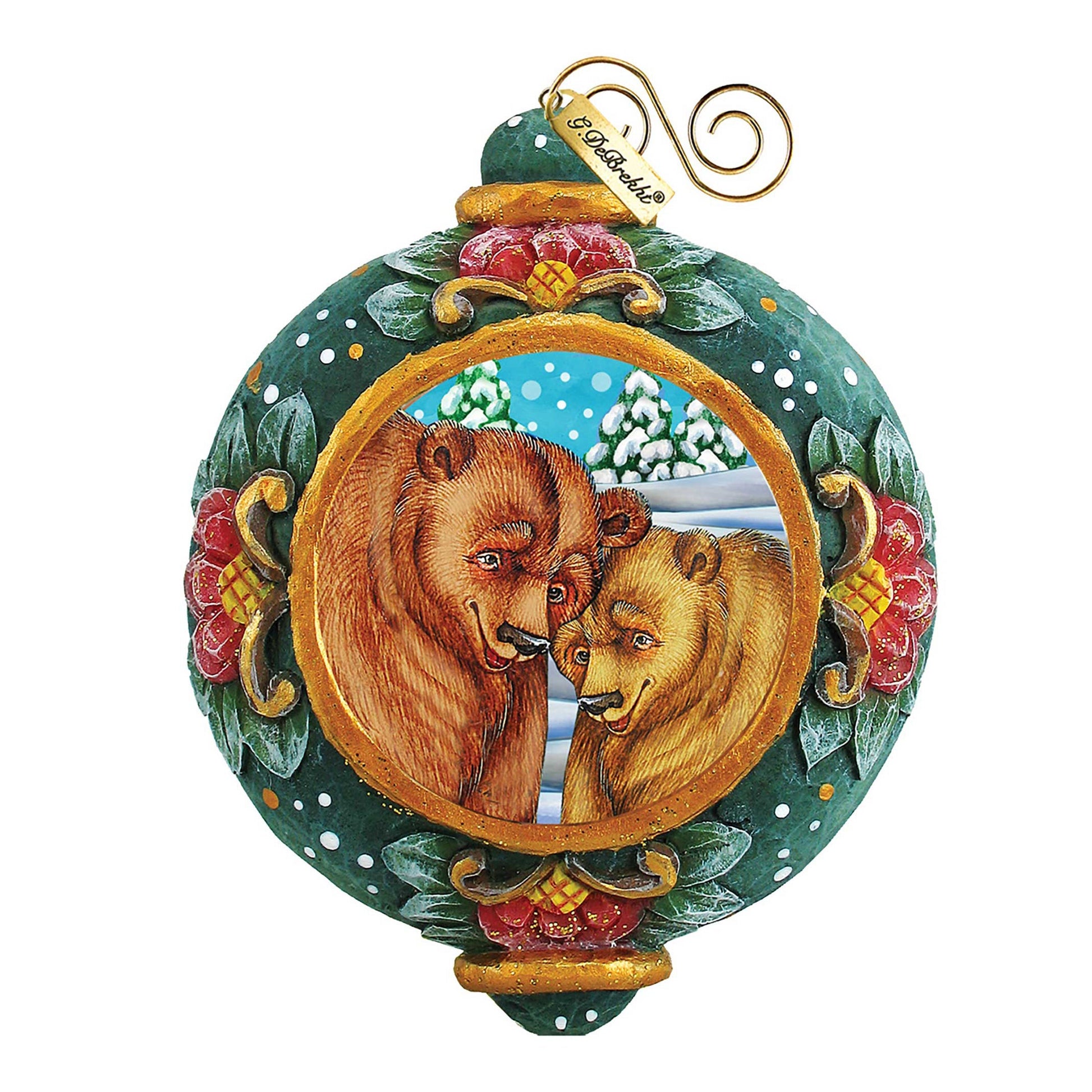 Grizzly Bear sculpted hand-painted ornament by G.DeBrekht with bears on a green ringed orb on Tampa Home & Garden Store