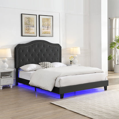 Queen upholstered bed by HouseOfZazla with curved tufted headboard and nailhead trim on Tampa Home & Garden Store