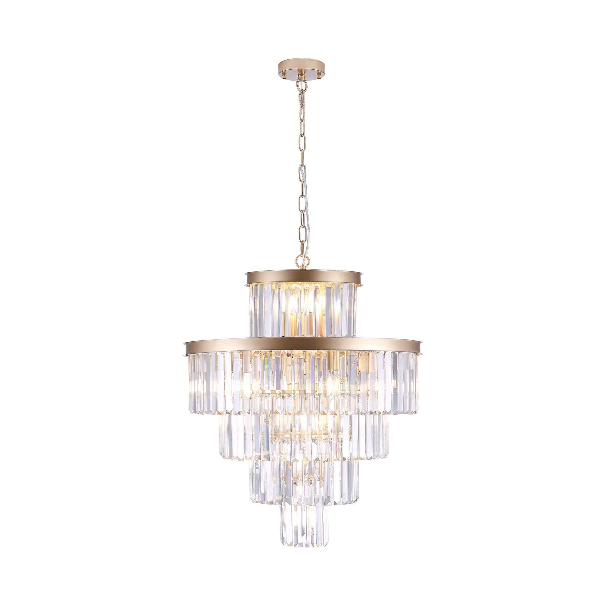 Golden Luxury Crystal Chandelier 23.6 in, gold finish with crystal prisms, chain-hung on Tampa Home & Garden Store