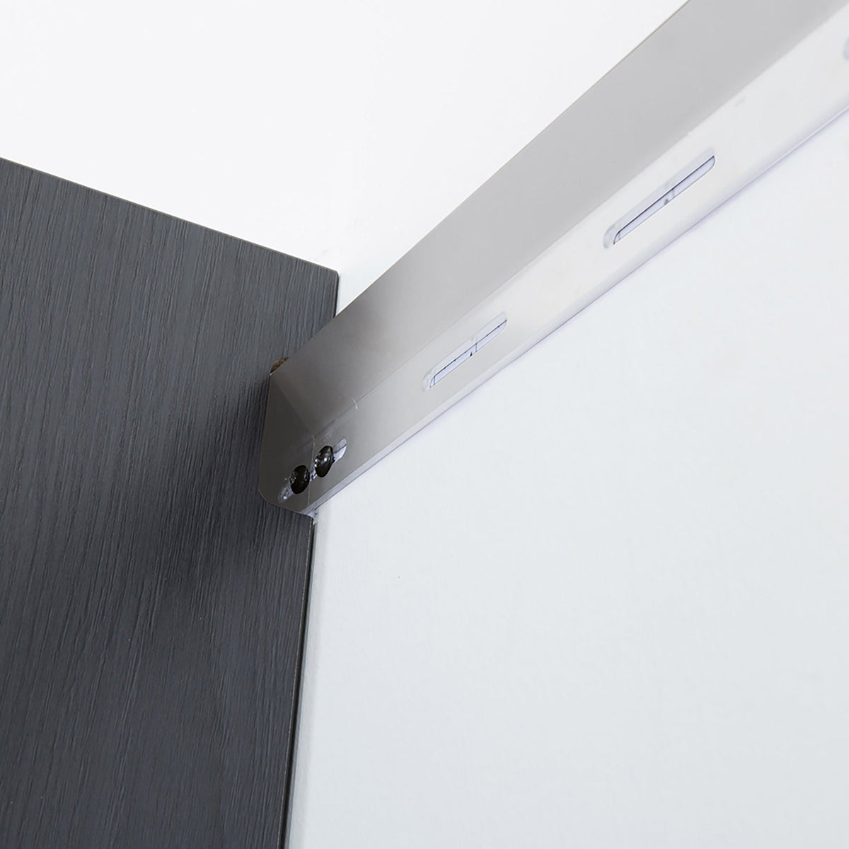 Dark gray wall mounted garage cabinet edge with mount rail closeup hardware detail on Tampa Home & Garden Store