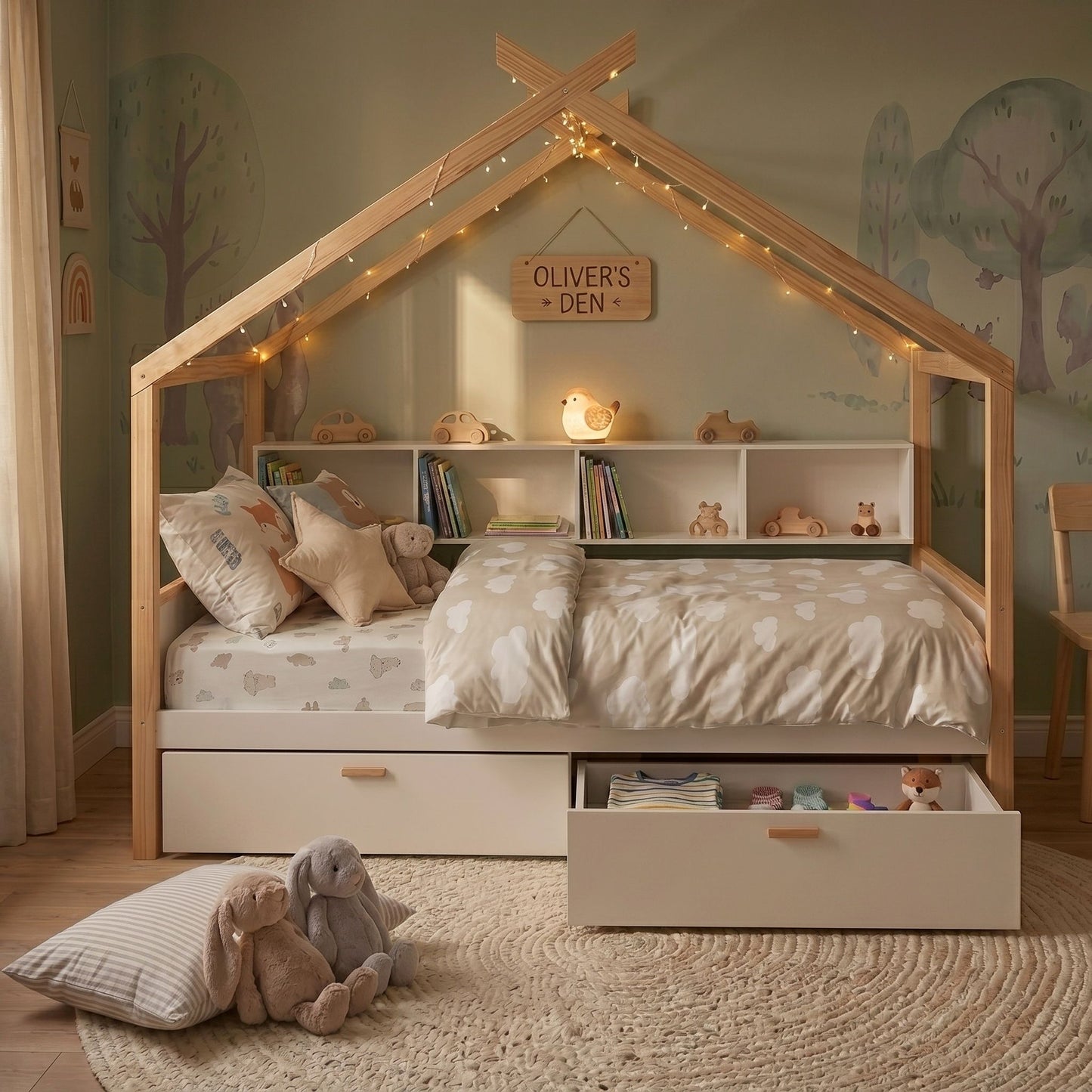 House bed with bookshelf storage in natural wood with white drawers by HouseOfZazla on Tampa Home & Garden Store