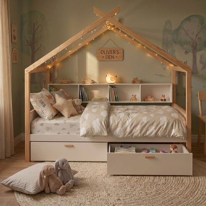 House bed with bookshelf storage in natural wood with white drawers by HouseOfZazla on Tampa Home & Garden Store