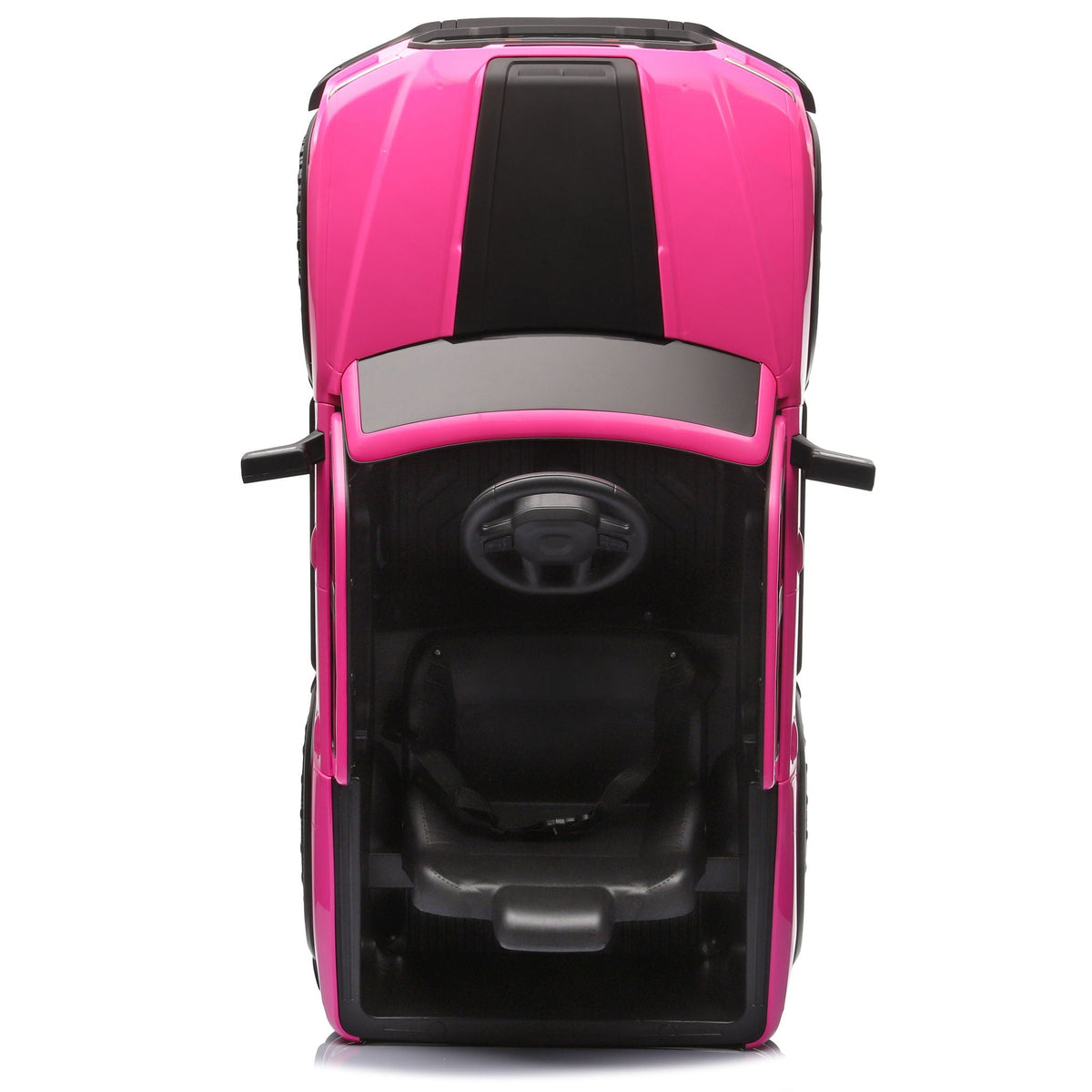 12V Kids Ride-On Car Pink with black center stripe and steering wheel top-down view on Tampa Home & Garden Store