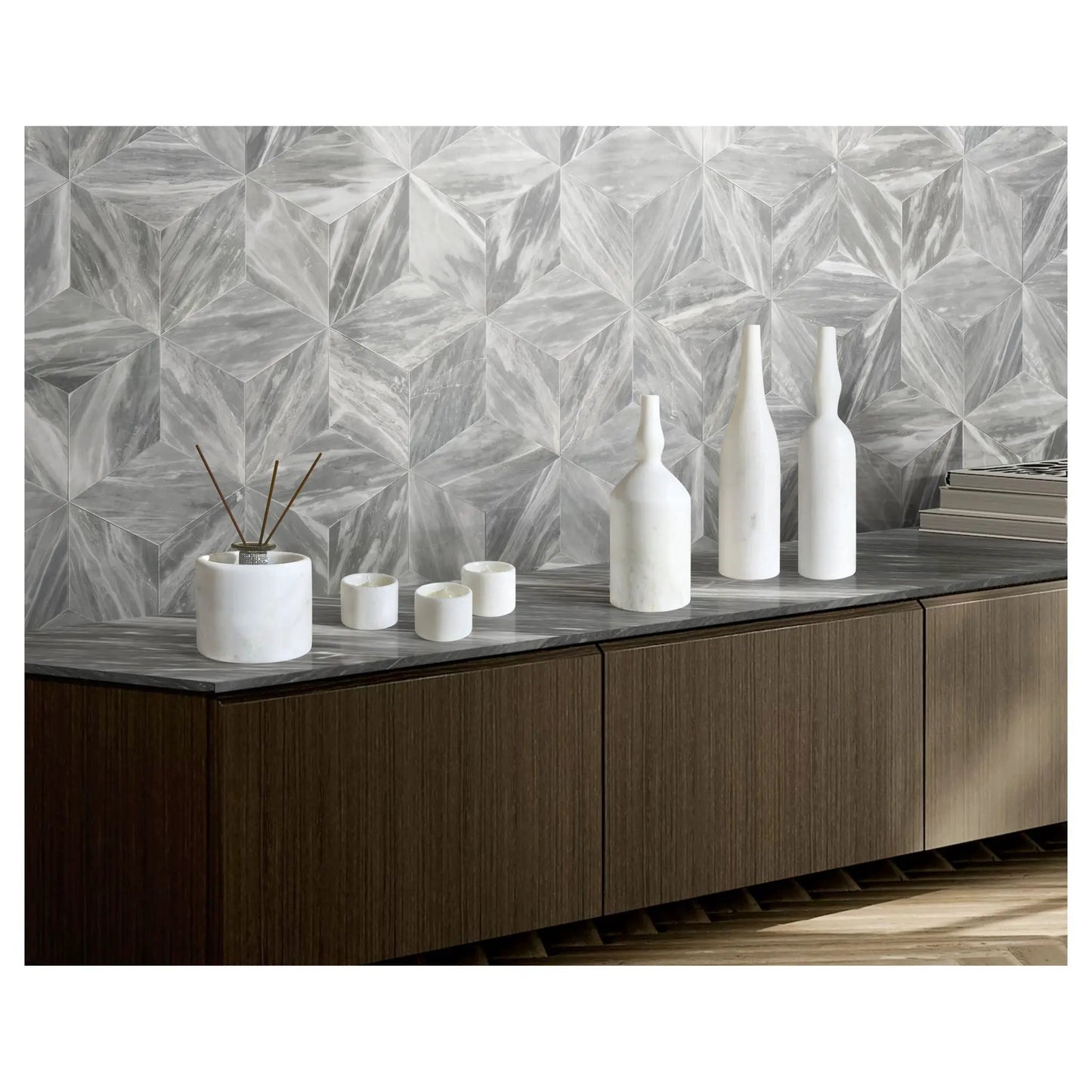7-Piece Marble Living Room Accessories Set white vases and candle holders on gray backdrop on Tampa Home & Garden Store