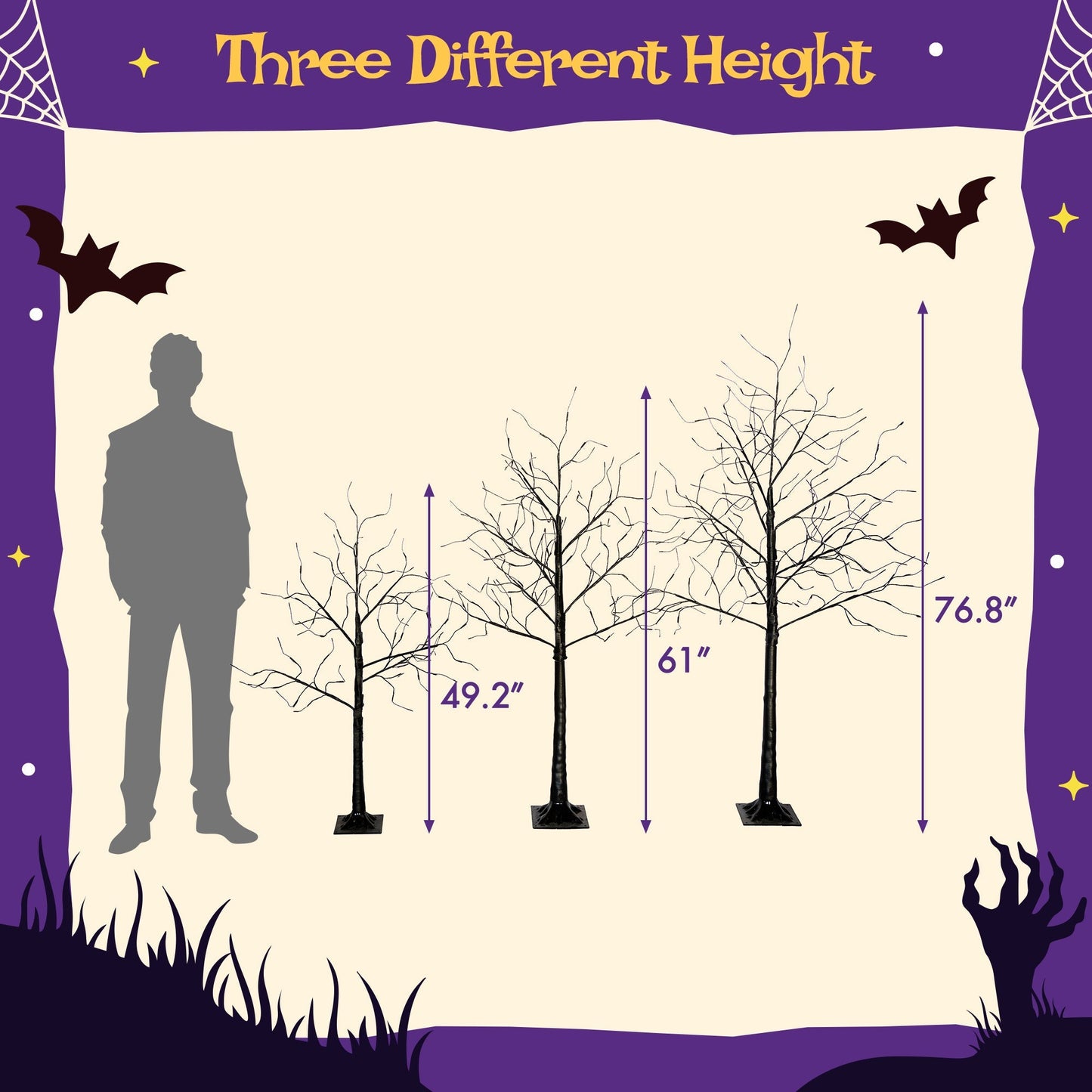 3 Pc Illuminated Halloween Tree set by HouseOfZazla with purple LED glow on Tampa Home & Garden Store
