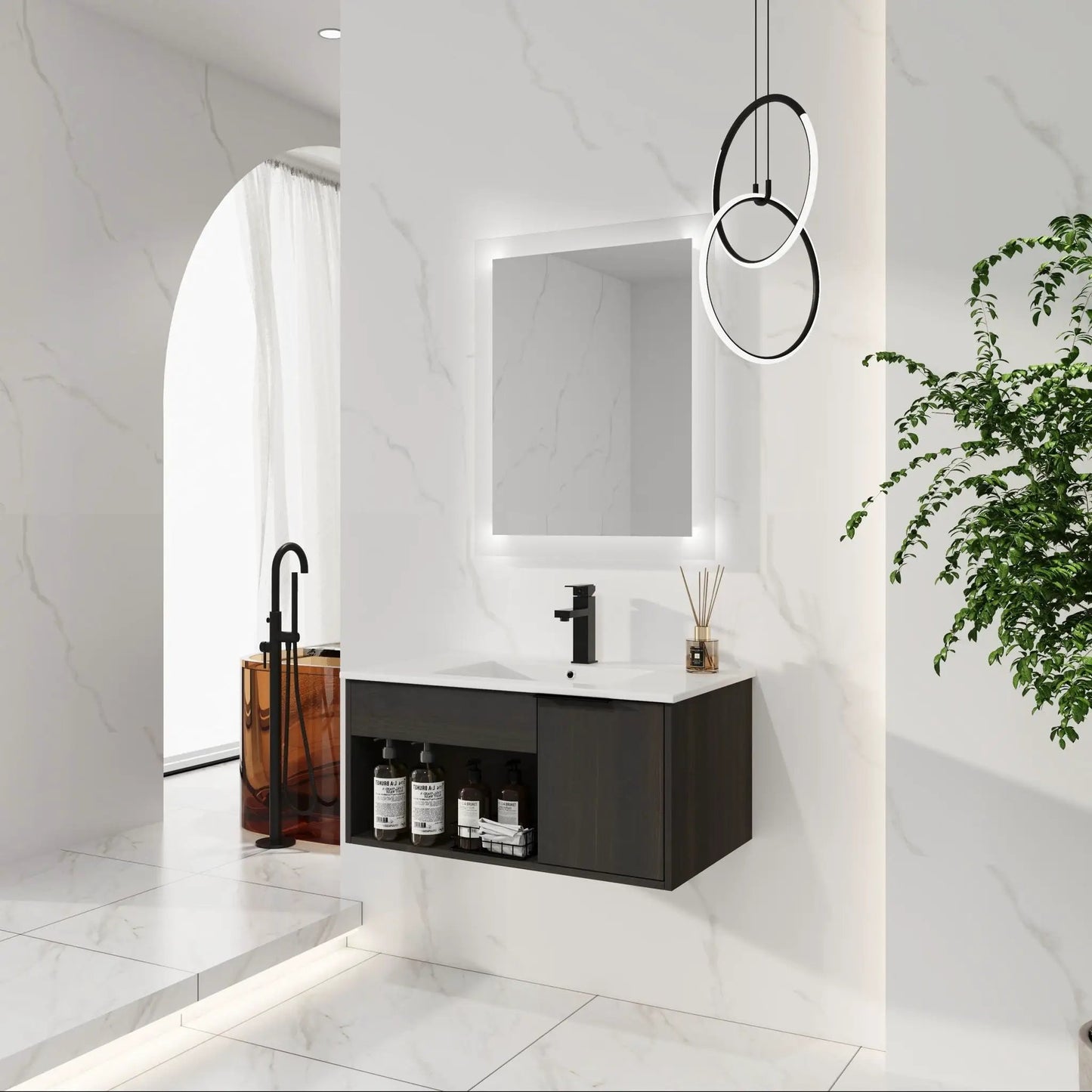 Wall Mounted Floating Vanity With Open Shelf