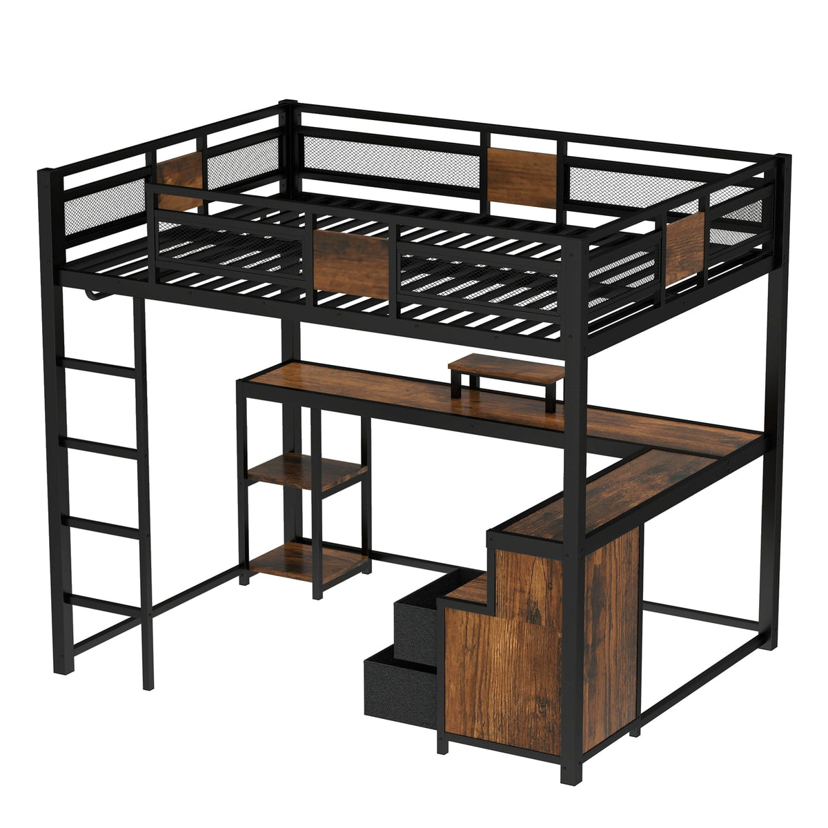 Queen loft bed with desk and storage in black metal frame with wood panels by HouseOfZazla on Tampa Home & Garden Store