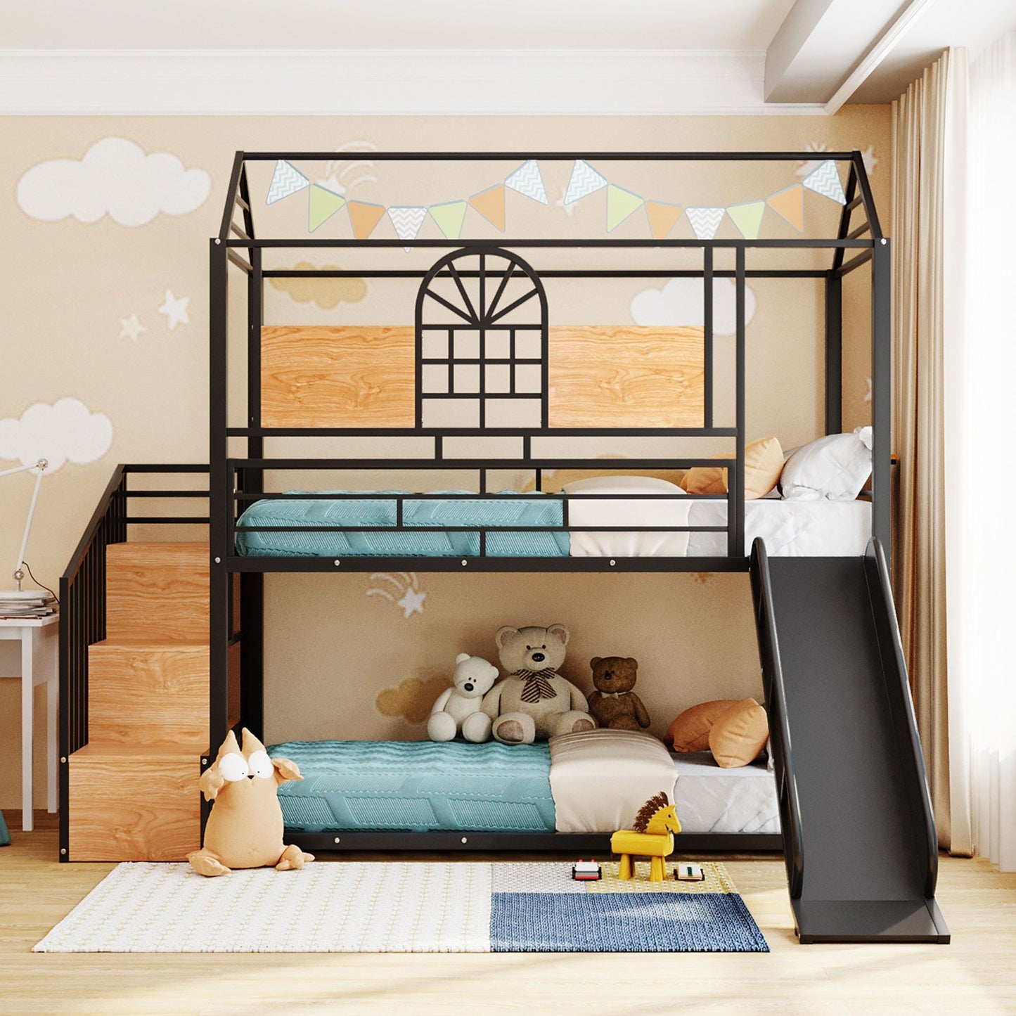 Metal House Bunk Bed With Slide and Storage
