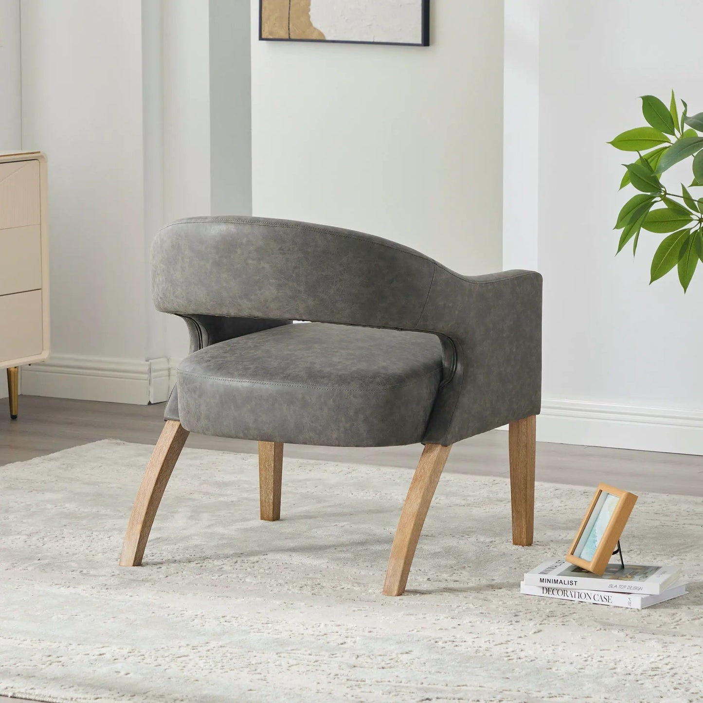 Upholstered Open Back Armchair weathered rubberwood legs gray fabric Unique Piece Furniture on Tampa Home & Garden Store