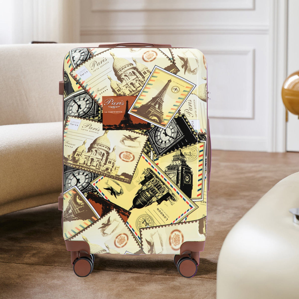 3-Piece PC Spinner Wheel Luggage Set with Printed Pattern beige collage HouseOfZazla on Tampa Home & Garden Store