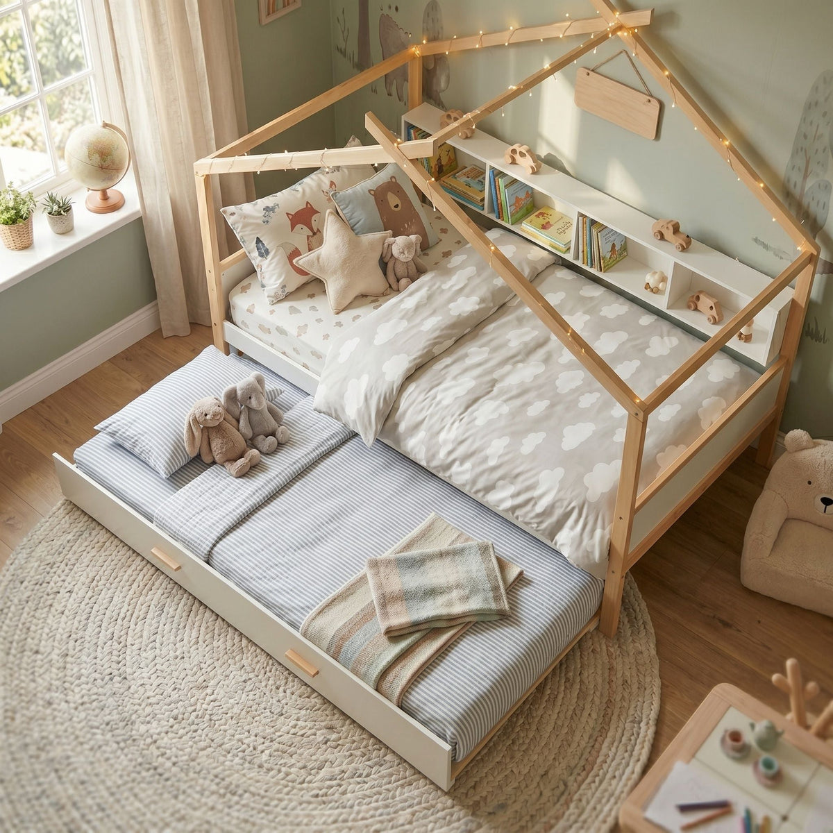 House bed with bookshelf storage in wood frame twin beds with cloud bedding by HouseOfZazla on Tampa Home & Garden Store