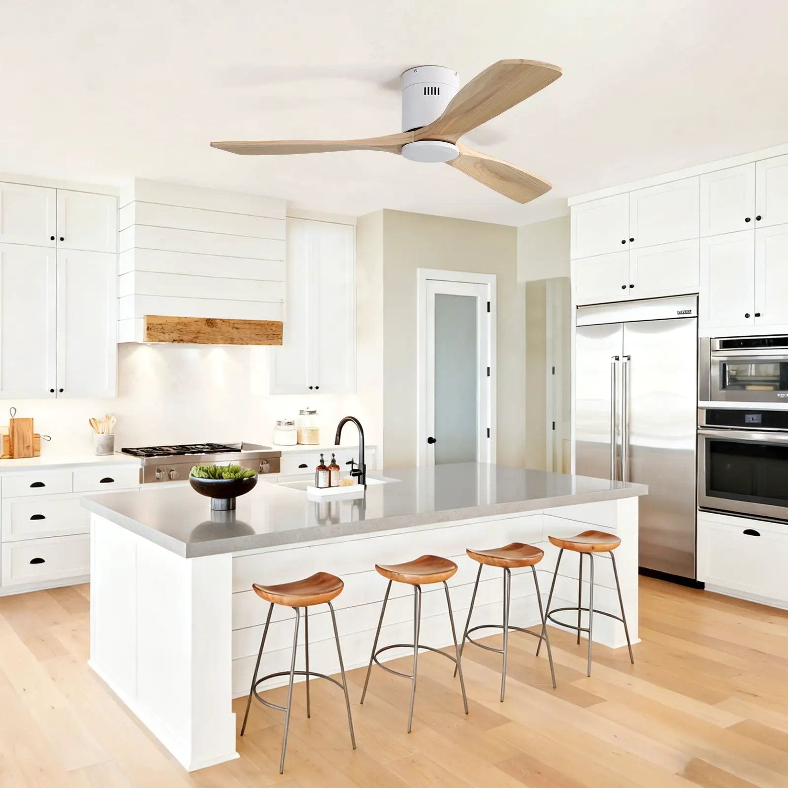 Low profile ceiling fan with 3 blades, white motor housing, remote by Unique Piece Furniture on Tampa Home & Garden Store