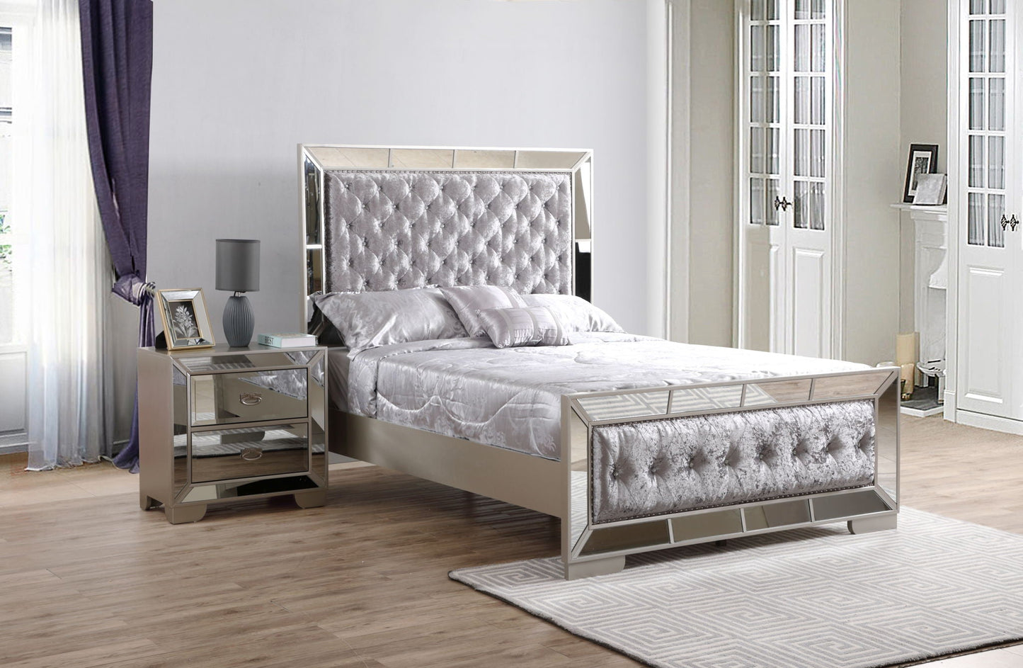 Panel Bed Stylish Contemporary by HouseOfZazla with tufted silver upholstery and mirrored frame on Tampa Home & Garden Store