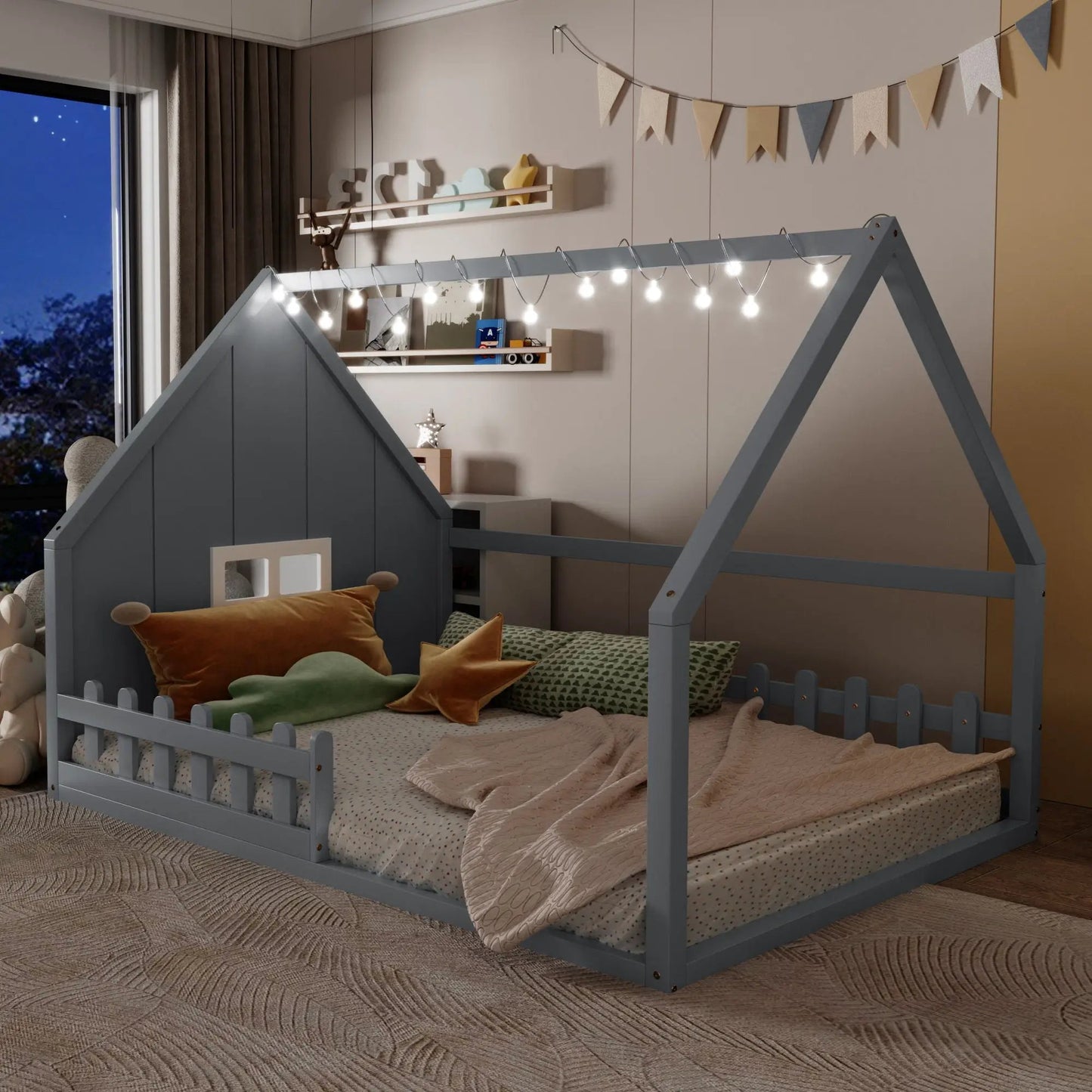 House Bed With Window and Fence Pine Wood Build