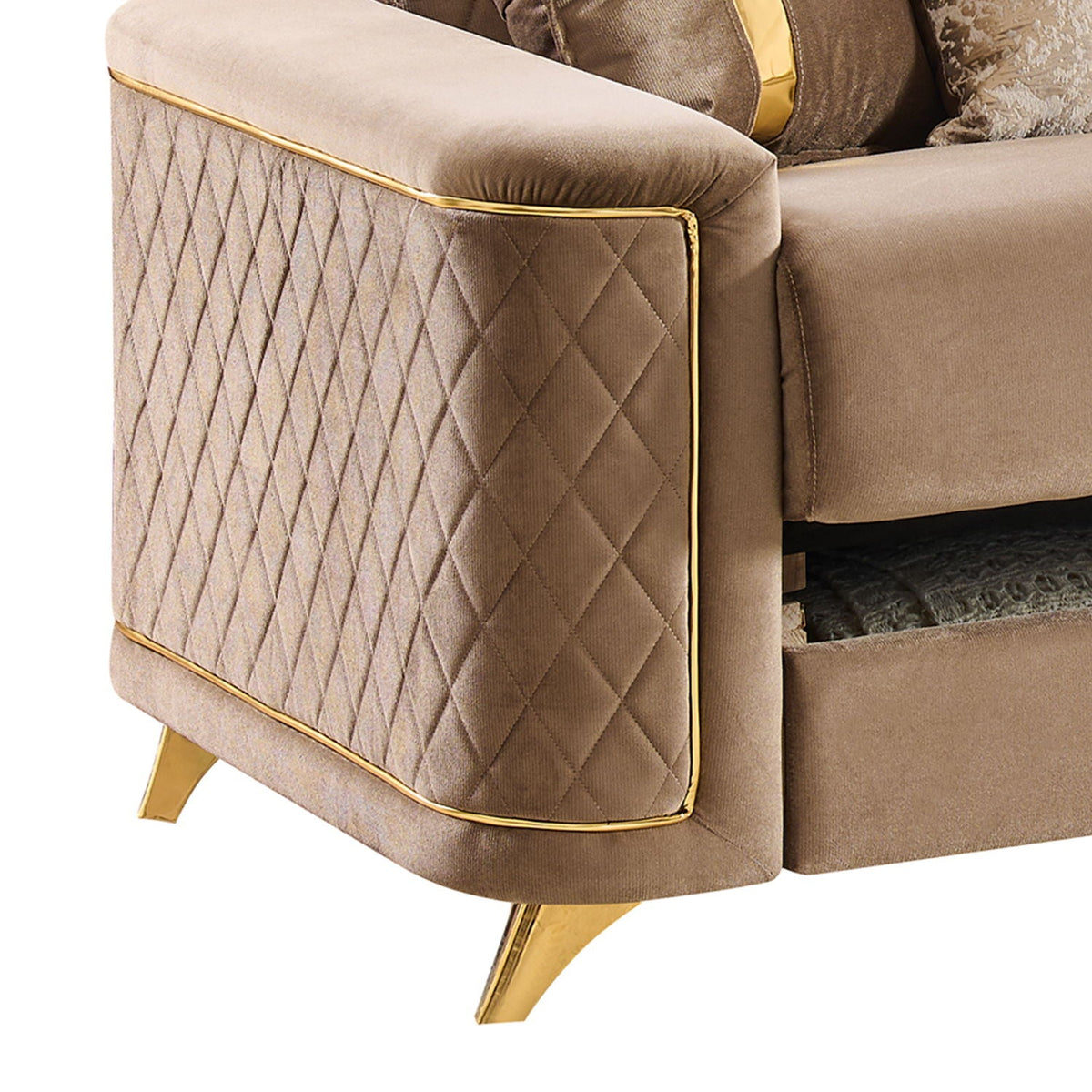 Upholstered living room sofa with beige fabric, diamond-quilted sides, gold-tone trim and legs on Tampa Home & Garden Store