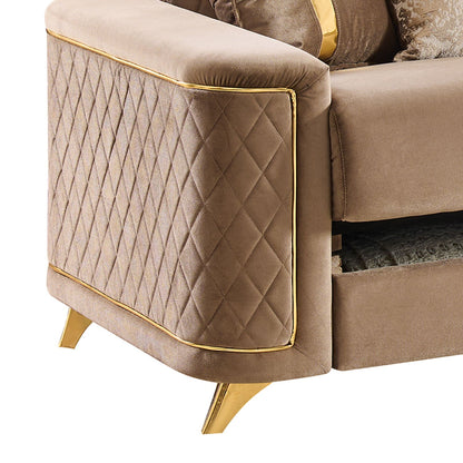 Upholstered living room sofa with beige fabric, diamond-quilted sides, gold-tone trim and legs on Tampa Home & Garden Store
