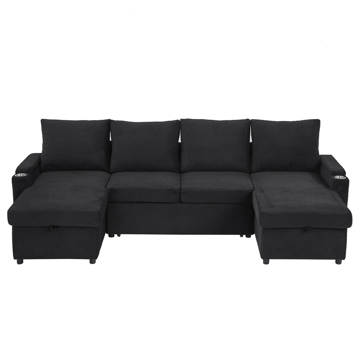 U Shaped Sectional Sofa Bed with Storage Chaise Lounges, black ribbed fabric, cup holders on Tampa Home & Garden Store