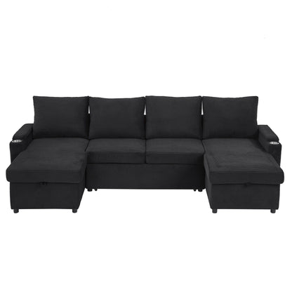 U Shaped Sectional Sofa Bed with Storage Chaise Lounges, black ribbed fabric, cup holders on Tampa Home & Garden Store