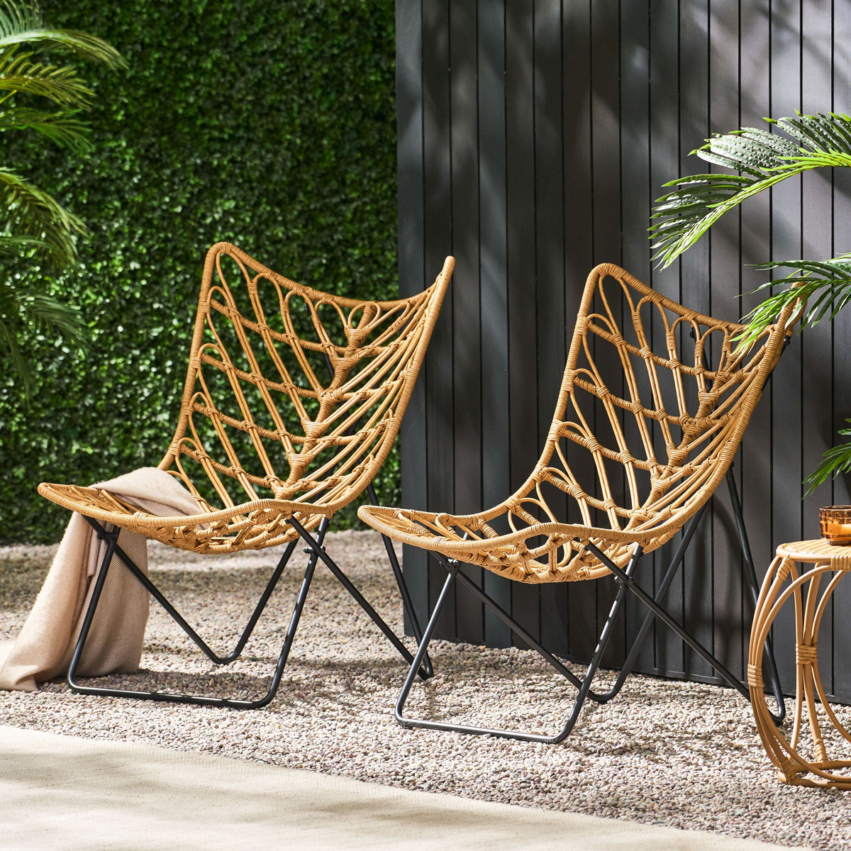 Bryson light brown wicker chair set with geometric cross base HouseOfZazla outdoor chairs on Tampa Home & Garden Store