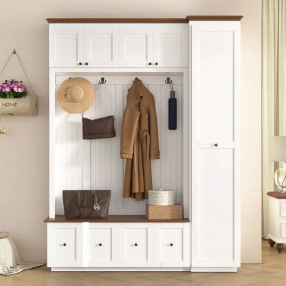 Entryway hall tree with storage bench and white cabinets, dark wood top, coat hooks with bags on Tampa Home & Garden Store