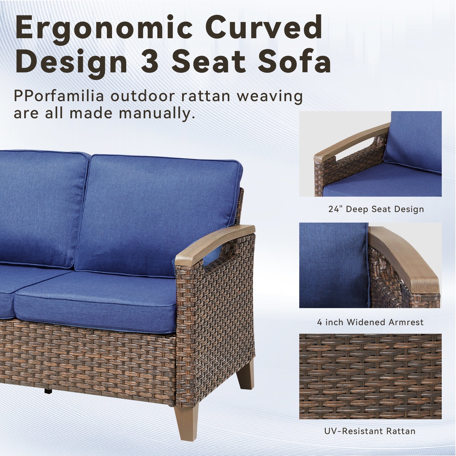 73.6in outdoor wicker patio sofa with blue cushions from HouseOfZazla on Tampa Home & Garden Store