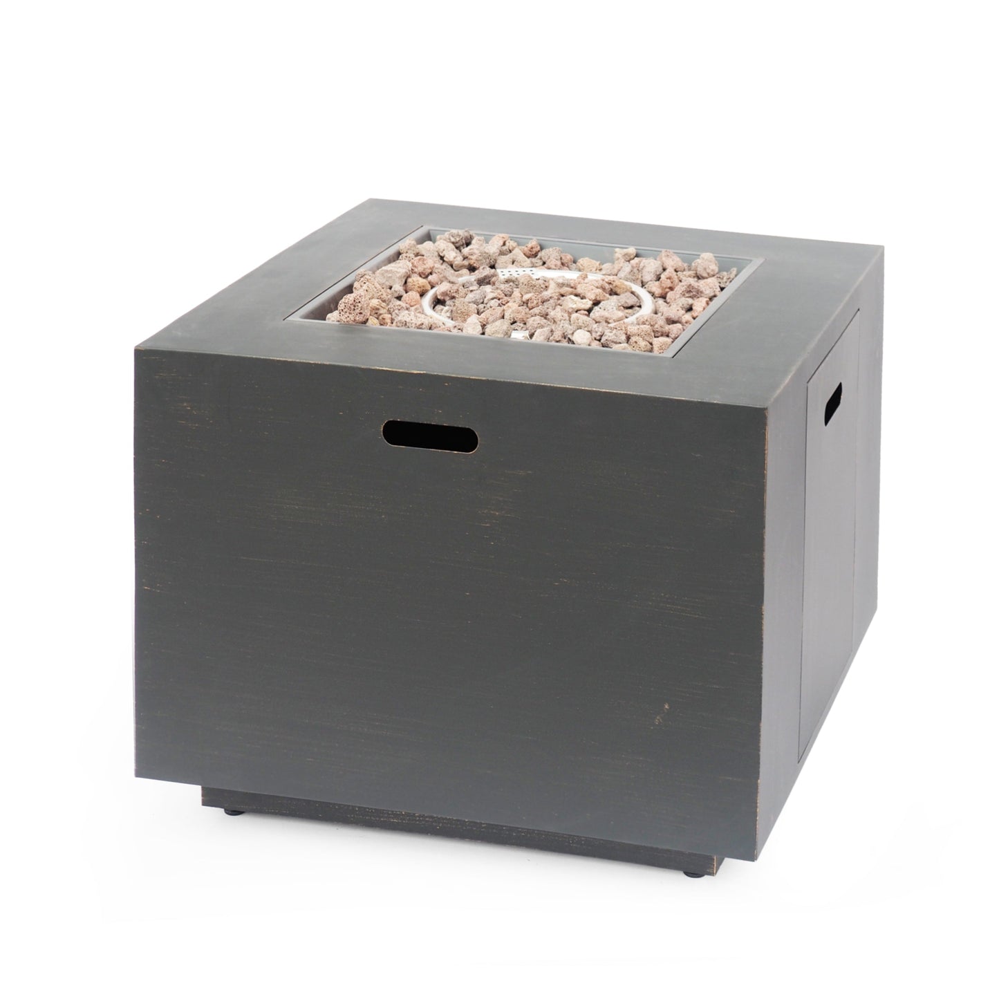 33in outdoor iron square propane fire pit in brushed brown with lava rock and burner ring on Tampa Home & Garden Store