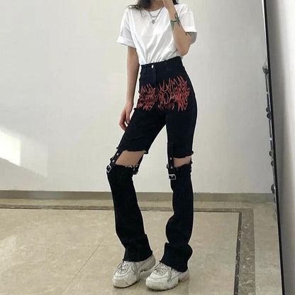 Trendy high-rise jeans with stitchable metal buckle FLIPSTYLEZLLC, black ripped knees on Tampa Home & Garden Store