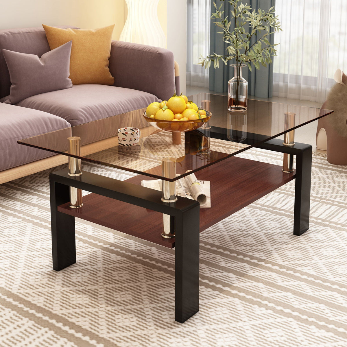 Modern rectangular coffee table with tempered glass top and dark brown base HouseOfZazla on Tampa Home & Garden Store