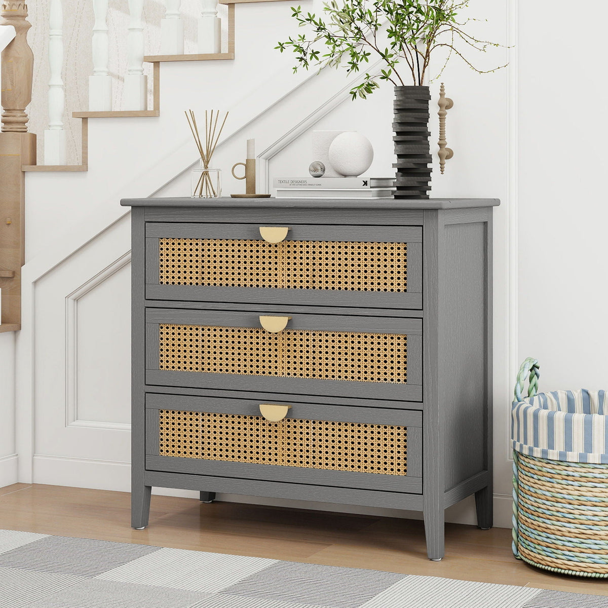 3 Drawer Cabinet Nightstand gray with natural rattan cane-front drawers on Tampa Home & Garden Store