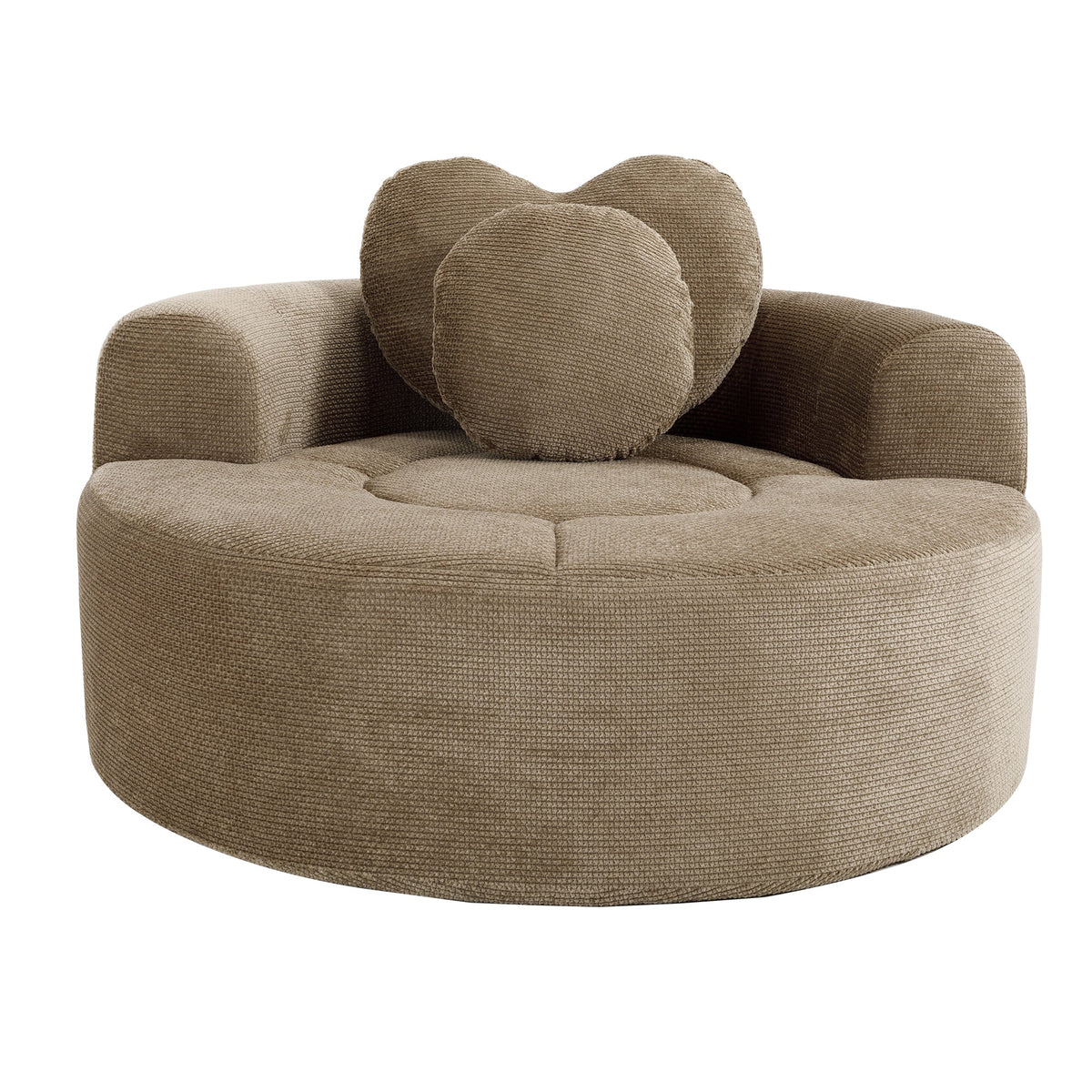 Round sofa bed with memory foam and taupe textured fabric back cushions on Tampa Home & Garden Store