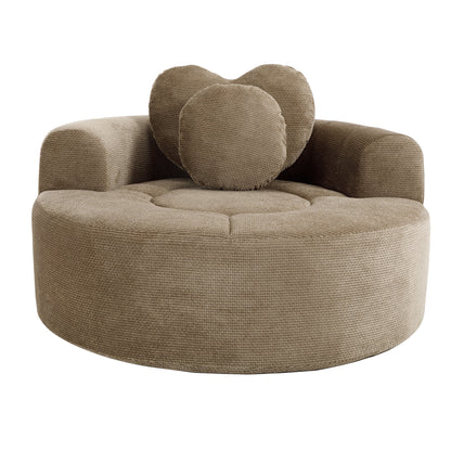 Round sofa bed with memory foam and taupe textured fabric back cushions on Tampa Home & Garden Store