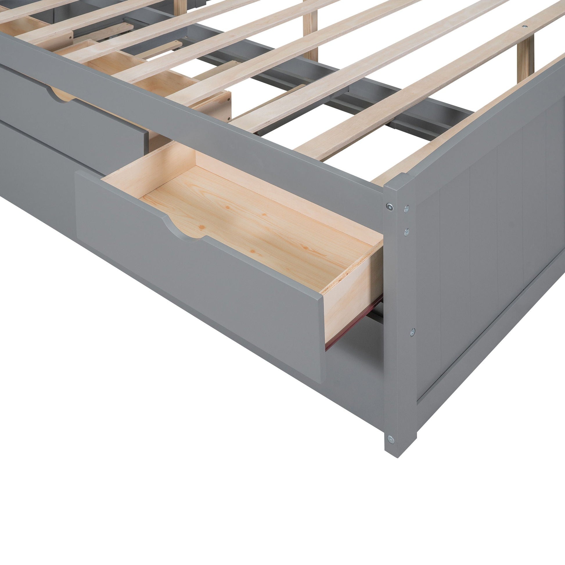 Captain Bed by HouseOfZazla with built-in bookshelves, 3 drawers, trundle in gray wood slats on Tampa Home & Garden Store