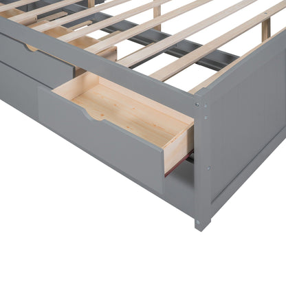 Captain Bed by HouseOfZazla with built-in bookshelves, 3 drawers, trundle in gray wood slats on Tampa Home & Garden Store