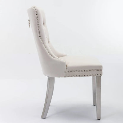 Nikki Upholstered Dining Chair Set of 2 in light beige with nailhead trim and silver legs on Tampa Home & Garden Store