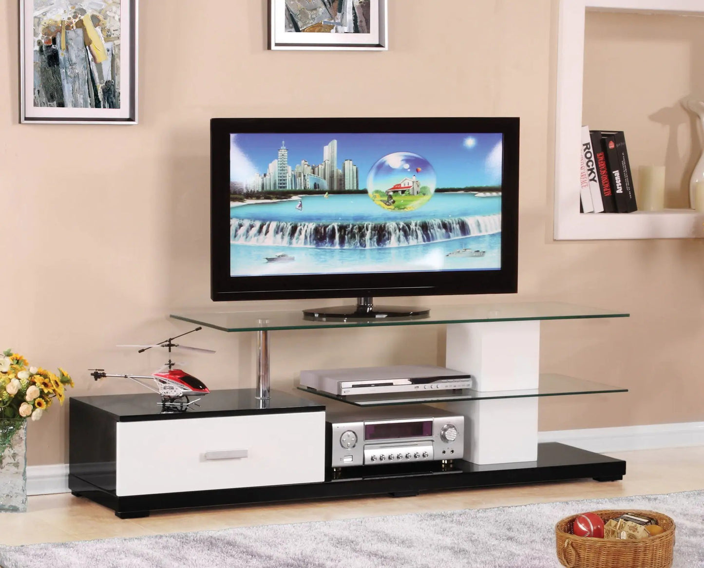 Ivana TV Stand white/black with glass shelves and media components by Unique Piece Furniture on Tampa Home & Garden Store