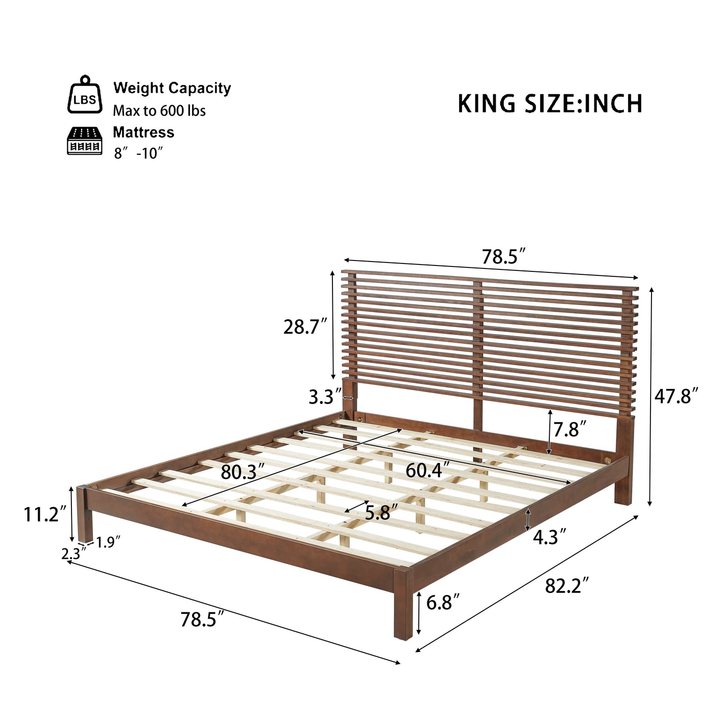 King Bed Frame with Walnut Headboard and Wood