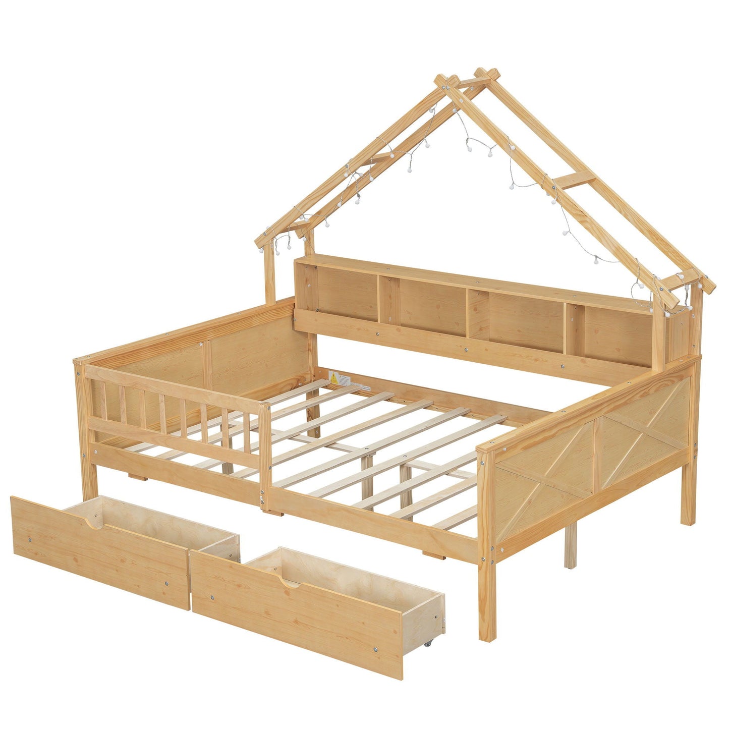 HouseOfZazla wooden storage bed with underbed drawers and string lights on canopy frame on Tampa Home & Garden Store