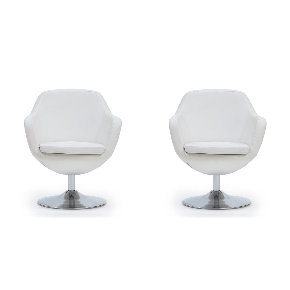 Caisson Swivel Lounge Chairs, white leather upholstery with chrome pedestal bases, pair on Tampa Home & Garden Store