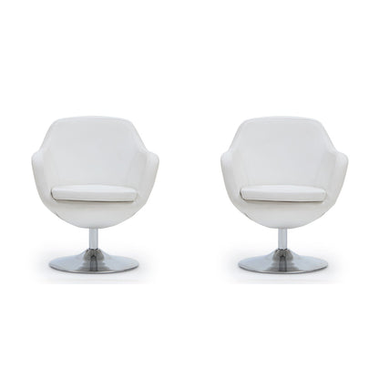 Caisson Swivel Lounge Chairs, white leather upholstery with chrome pedestal bases, pair on Tampa Home & Garden Store