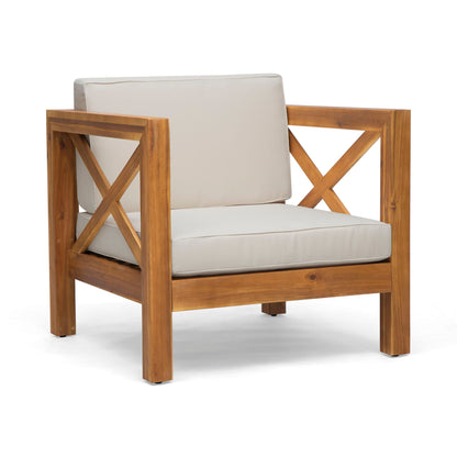 Brava outdoor arm chair by HouseOfZazla with beige water-resistant cushions and wood frame on Tampa Home & Garden Store